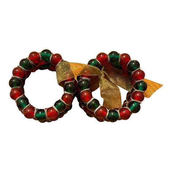 KEMP & BEATLEY SET OF 4 CHRISTMAS RED & GREEN GLASS BEADED NAPKIN RINGS HOLDERS - Picture 5 of 5